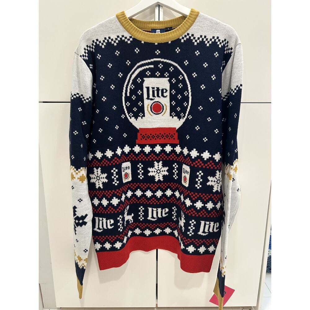 NEW FoCo 2018 Miller Lite Snowglobe Winter Ugly Sweater Men’s L Large Beer